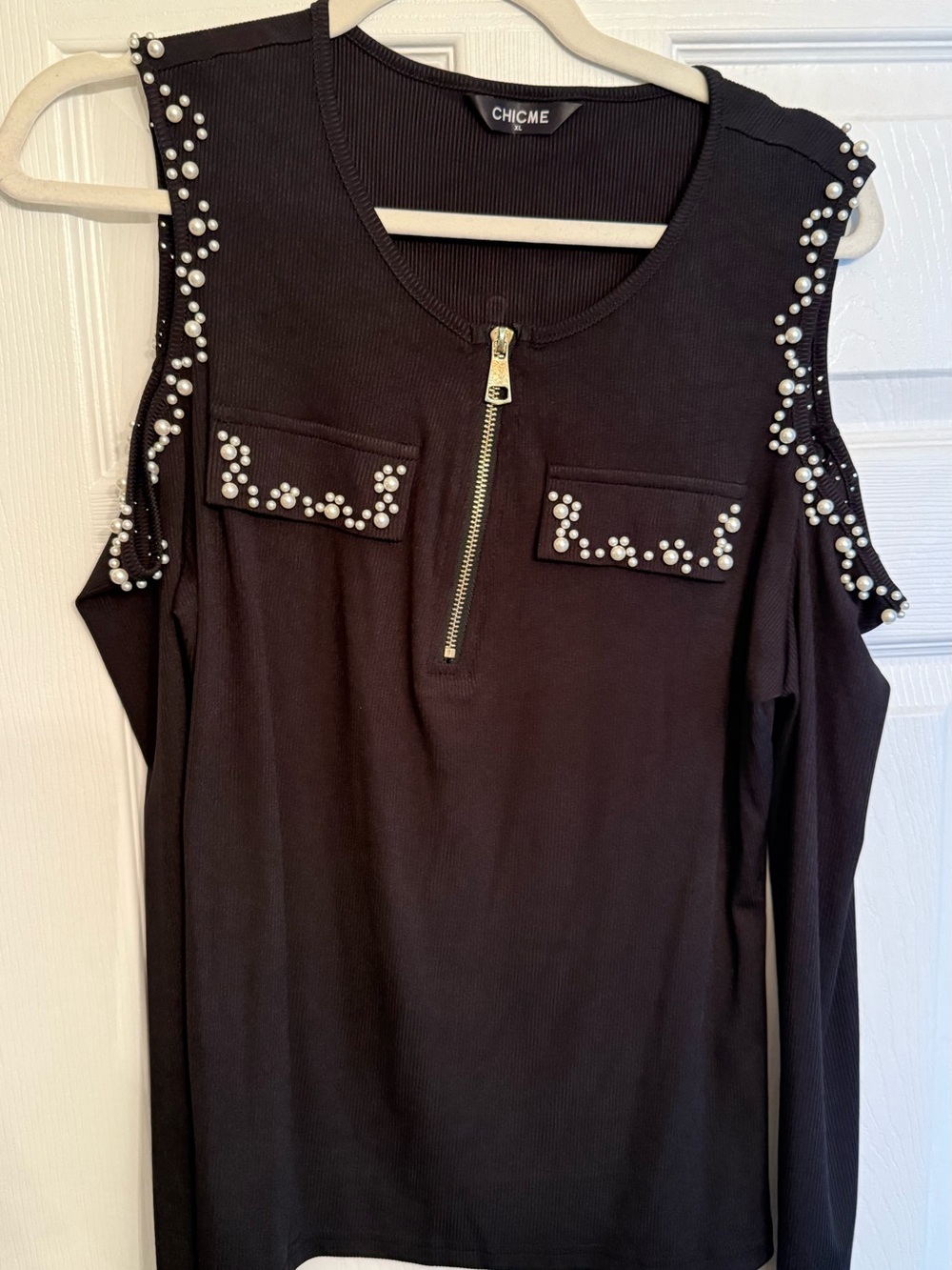 ChicMe Black Cold-Shoulder Long Sleeve Top with Pearl Accents
